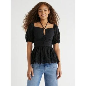 Free Assembly Cotton Ruched Eyelet Halter Top